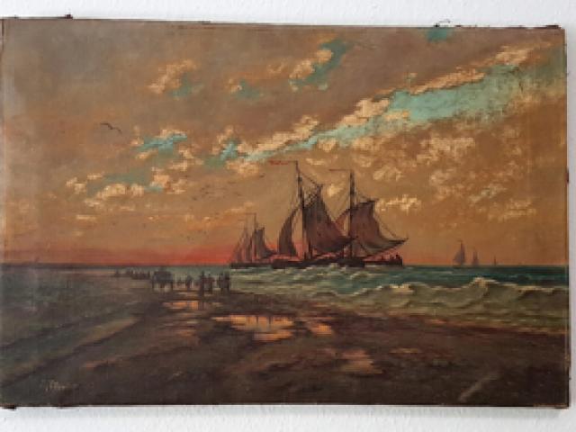 1903 Ölgemälde Fischer Segelschiff Meer Strand Tjalk Nordsee Abendrot Vintage - 1